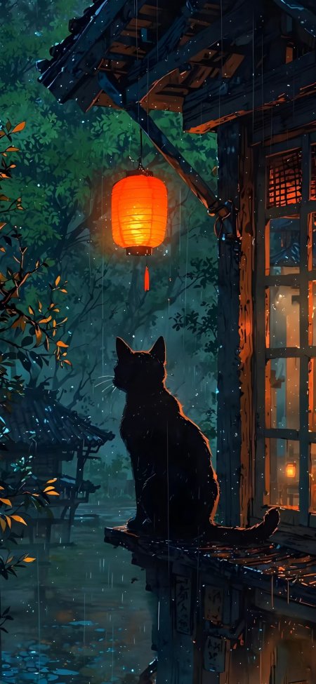 日式雨夜黑猫仰望灯笼古风庭院手机壁纸