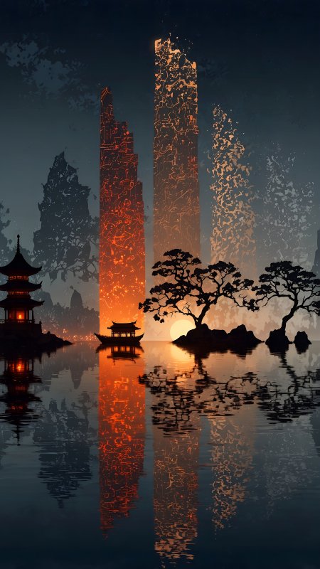 赛博朋克风东方古寺夕阳倒影山水意境手机壁纸