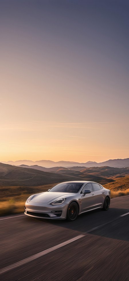 特斯拉Model 3银色轿车黄昏山道疾驰手机壁纸