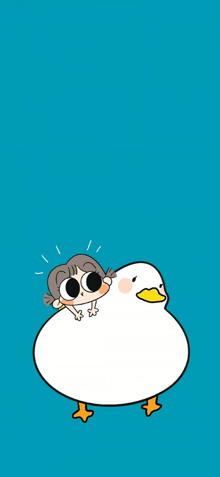 小刘鸭卡通女孩骑白鸭可爱插画手机壁纸