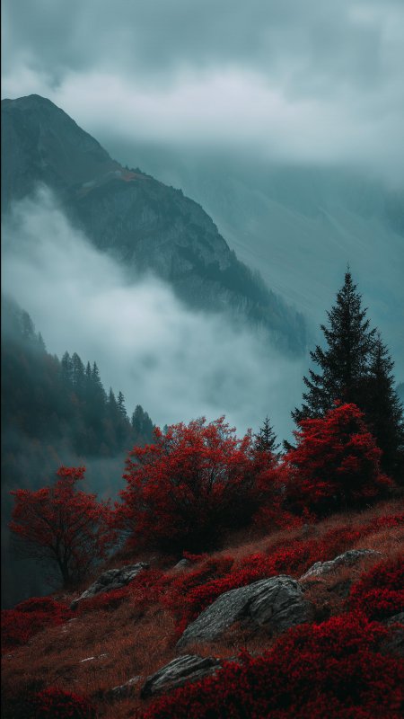 雾中山谷红叶松林风景手机壁纸