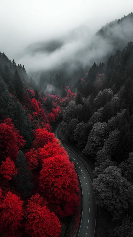 雾中山谷红叶蜿蜒公路风景手机壁纸