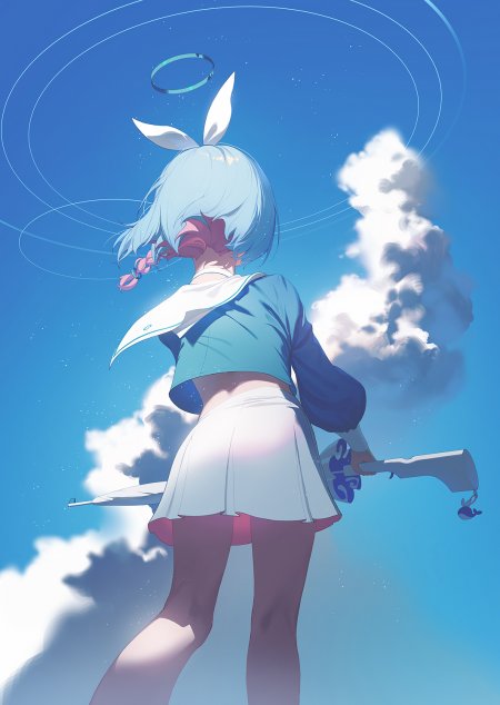 蔚蓝天空下兔耳少女持枪仰望光环云朵手机壁纸
