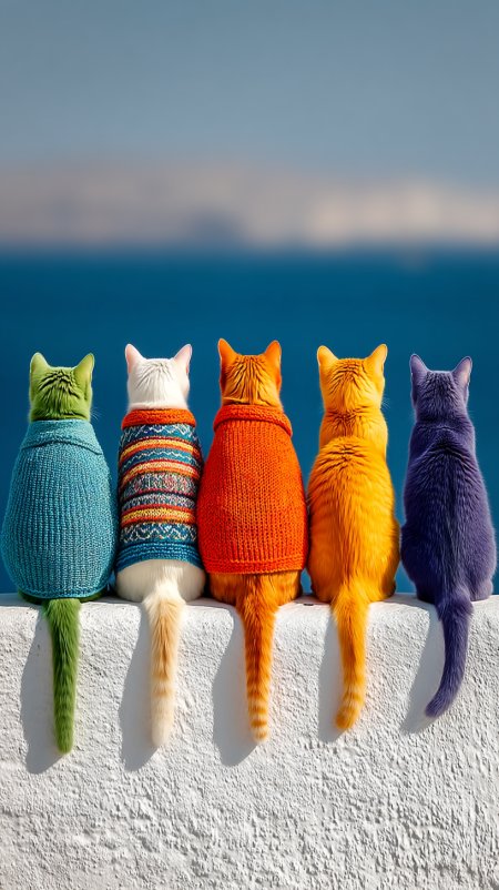 五只彩色毛衣猫咪海边眺望手机壁纸
