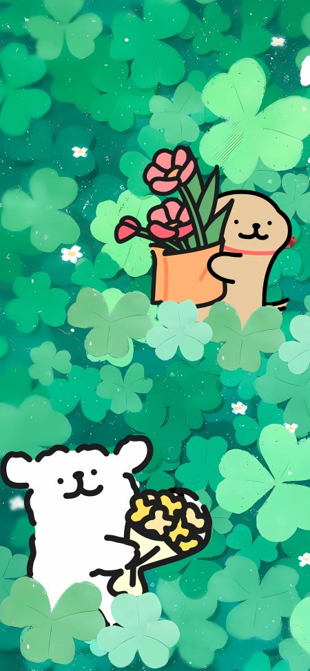线条小狗四叶草花丛中捧花温馨插画手机壁纸