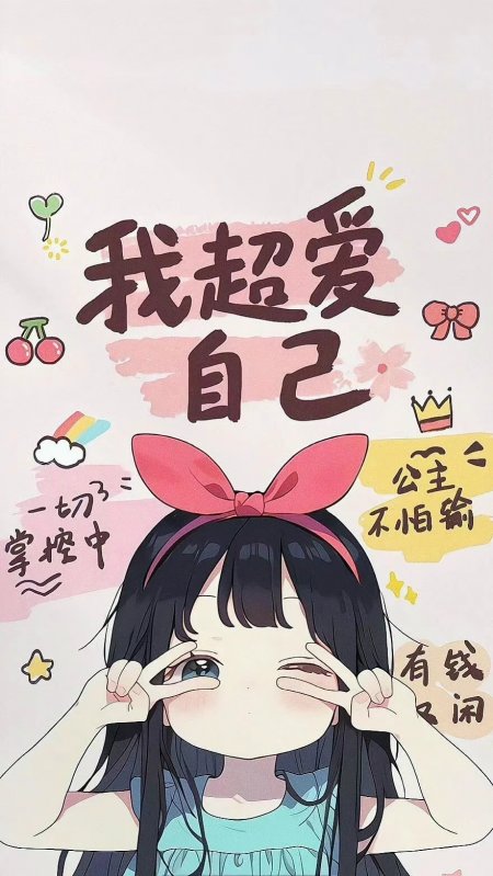 我超爱自己黑发少女比耶手势粉色蝴蝶结手机壁纸