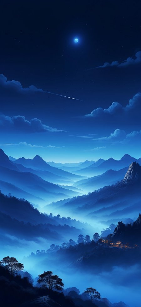 蓝色夜空流星划过层峦叠嶂山间古村手机壁纸