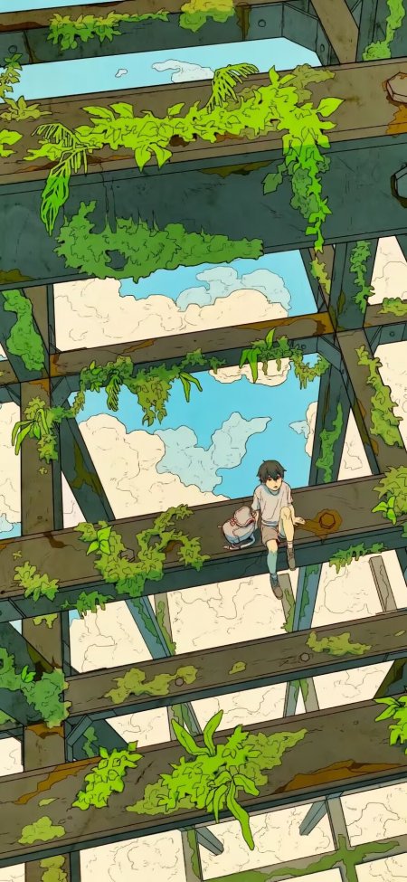 坐在废墟钢架上小男孩仰望天空动漫手机壁纸
