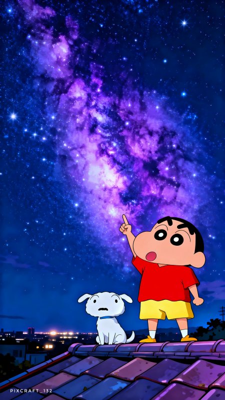 蜡笔小新和小白屋顶仰望星空手机壁纸