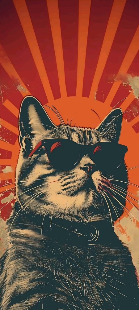 酷炫戴墨镜猫咪橙红放射光背景手机壁纸