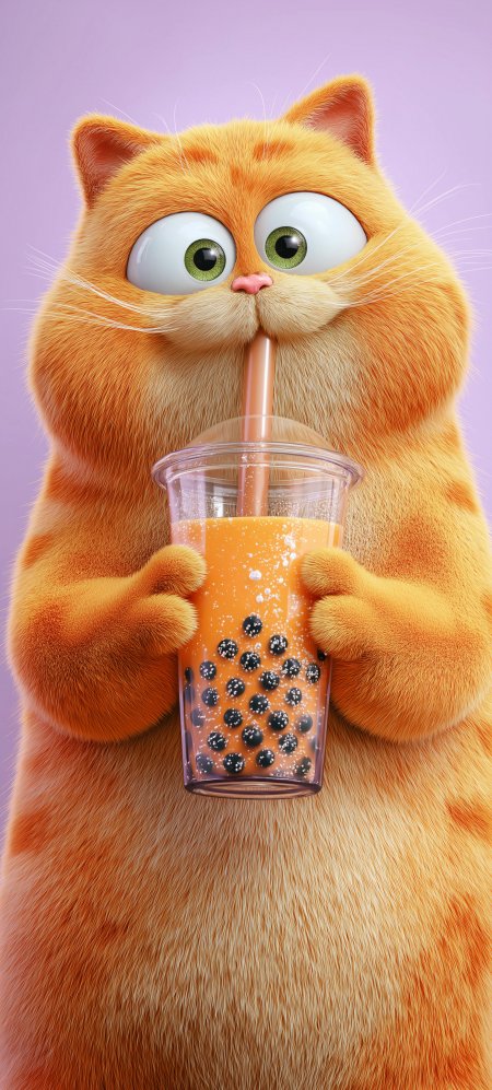 橘猫喝珍珠奶茶可爱萌系3D插画手机壁纸