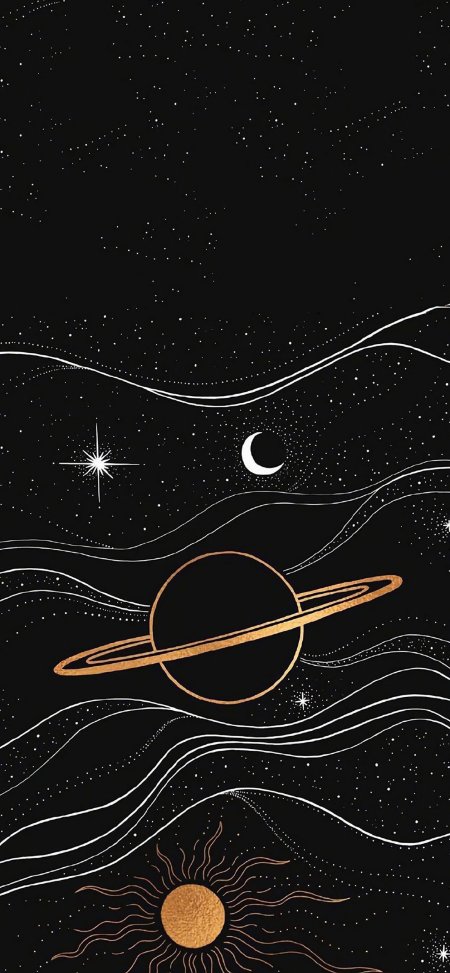 宇宙星空土星太阳月亮波浪线条金色手绘风手机壁纸