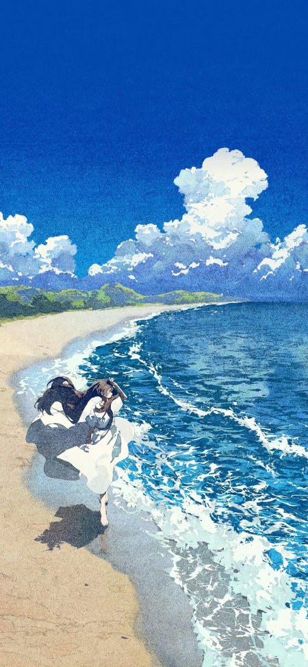 新海诚风格少女海边奔跑白裙蓝海手机壁纸