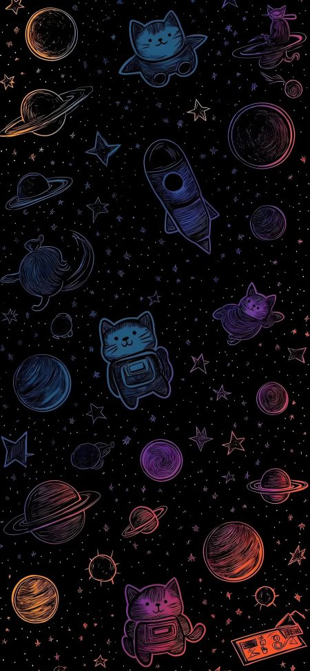 太空猫咪宇航员星球火箭霓虹手绘风手机壁纸