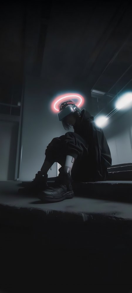 赛博朋克风格戴VR头盔少年坐台阶霓虹光环手机壁纸