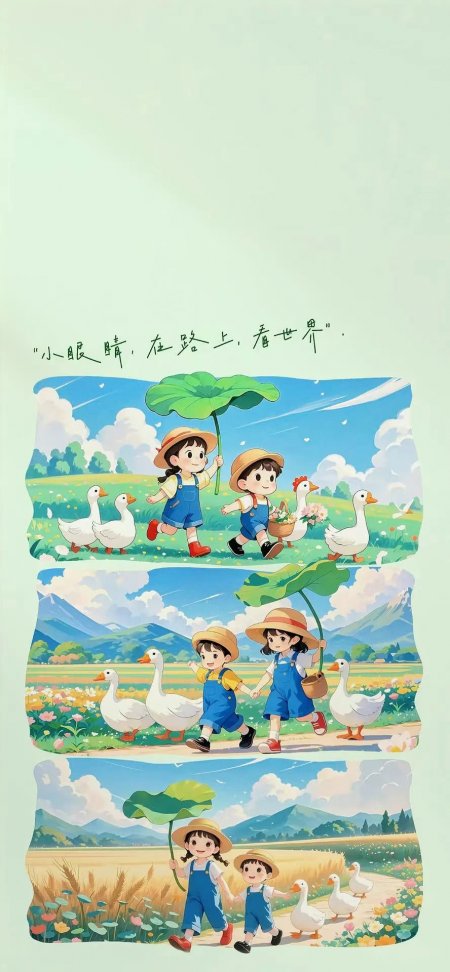 小眼睛在路上看世界儿童田园插画手机壁纸