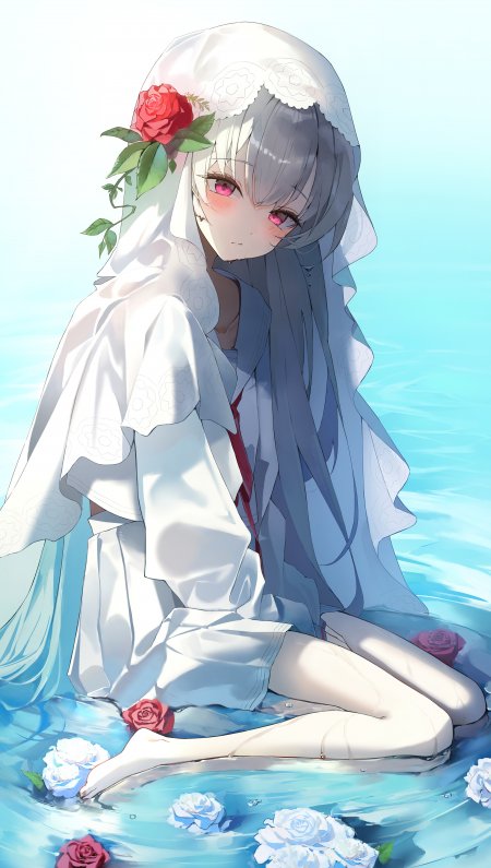 蔚蓝水境银发少女白纱红玫瑰手机壁纸