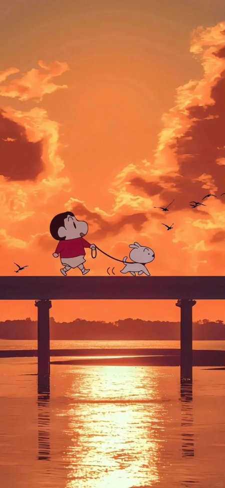 蜡笔小新牵小白散步夕阳桥面手机壁纸
