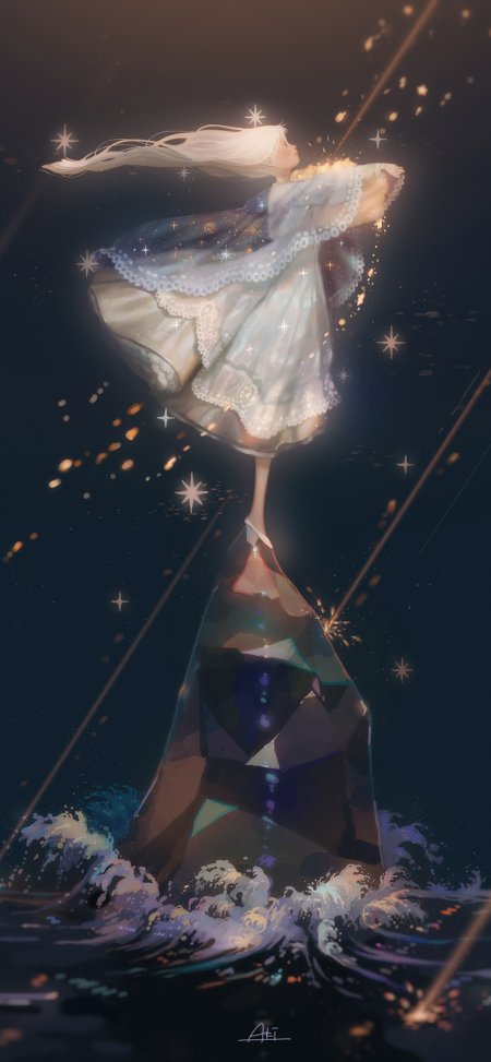 星尘少女立于水晶尖峰仰望星光闪耀手机壁纸