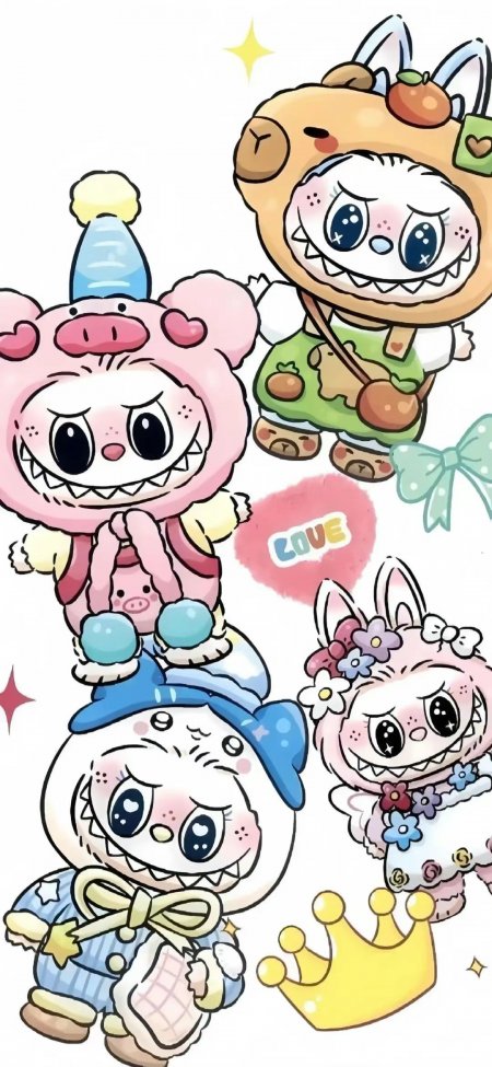 Labubu可爱萌系角色聚会插画手机壁纸