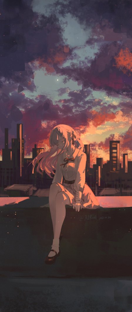 原创插画少女屋顶夕阳沉思场景手机壁纸