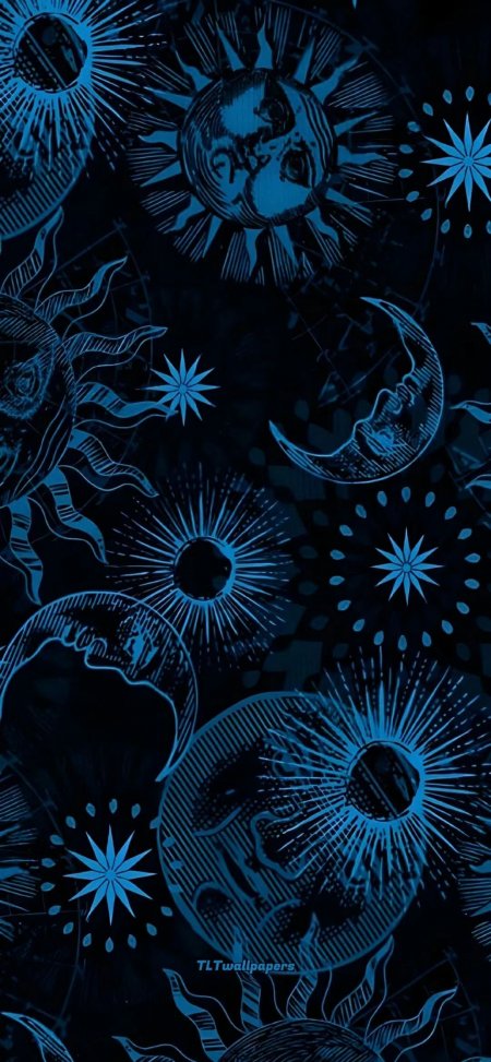 深蓝宇宙太阳月亮星芒图案手机壁纸