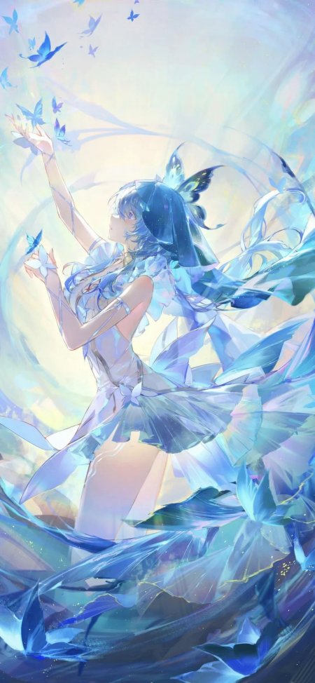 原神芙宁娜蓝蝶飞舞梦幻姿态手机壁纸