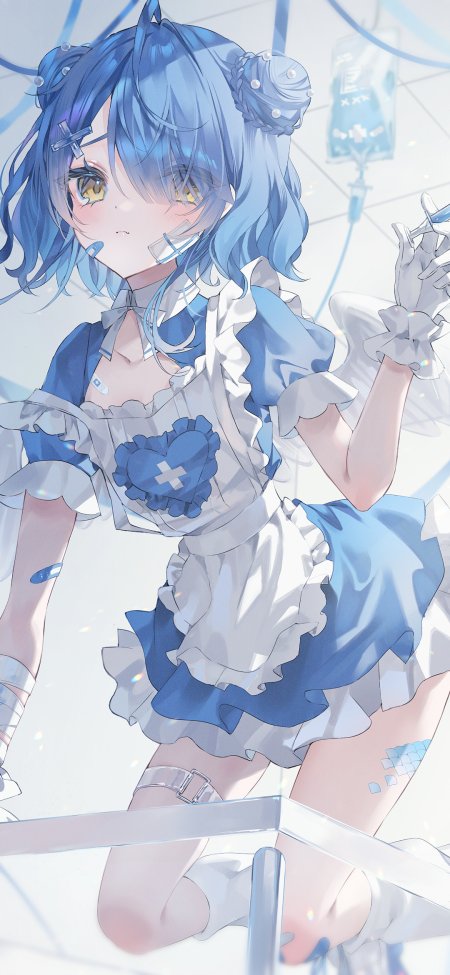 蔚蓝双马尾少女医疗主题跪姿插画手机壁纸