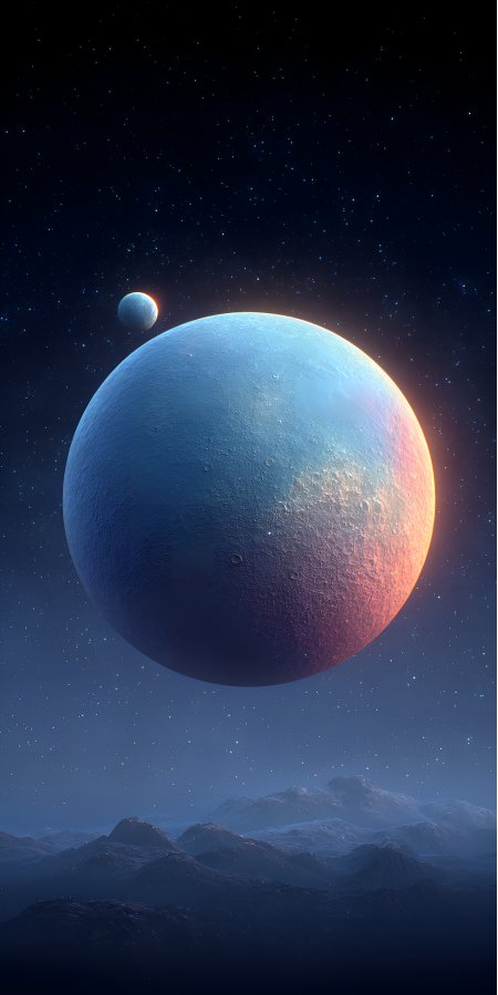 科幻宇宙蓝橙渐变双星行星地貌手机壁纸