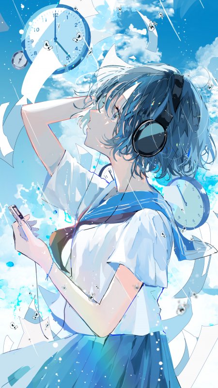 蔚蓝天空下少女戴耳机持手机仰望时钟碎片手机壁纸