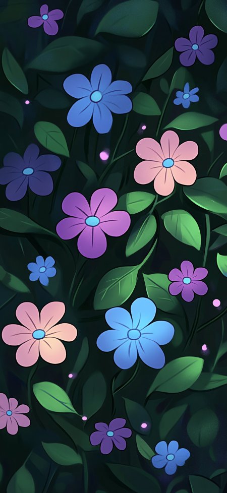 梦幻森林蓝紫粉花朵绿叶背景手机壁纸