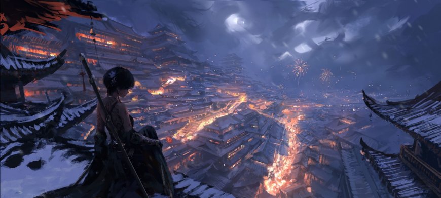 鬼刀古风雪夜古城火光夜景俯瞰图电脑壁纸