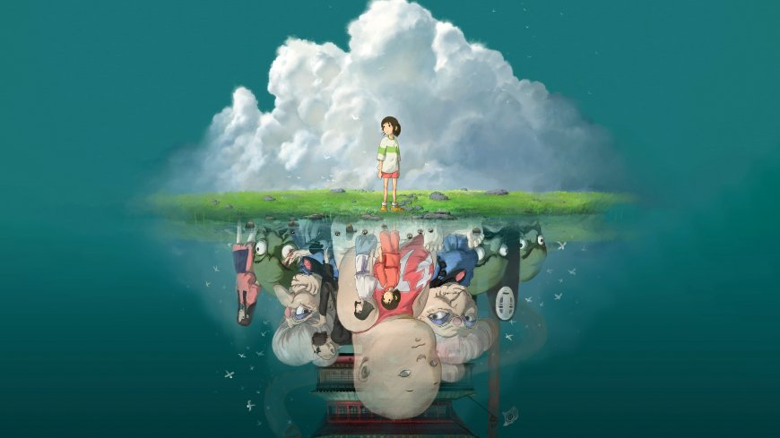 千与千寻荻野千寻站在浮岛水面倒影众神角色动漫电脑壁纸