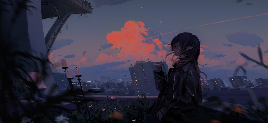 赛博朋克风格少女城市夜景橙色云朵孤独背影科技电脑壁纸
