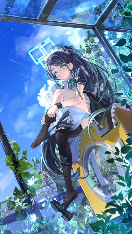 碧蓝档案长发少女窗边坐姿绿植环绕手机壁纸