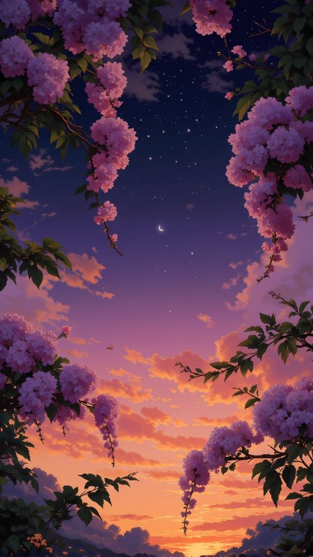 樱花夜空渐变晚霞梦幻风景手机壁纸