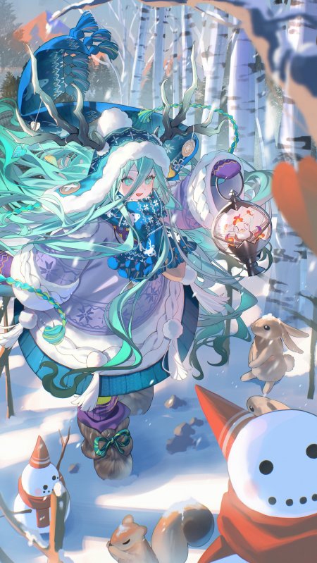初音未来冬日雪景圣诞装扮手持灯笼手机壁纸