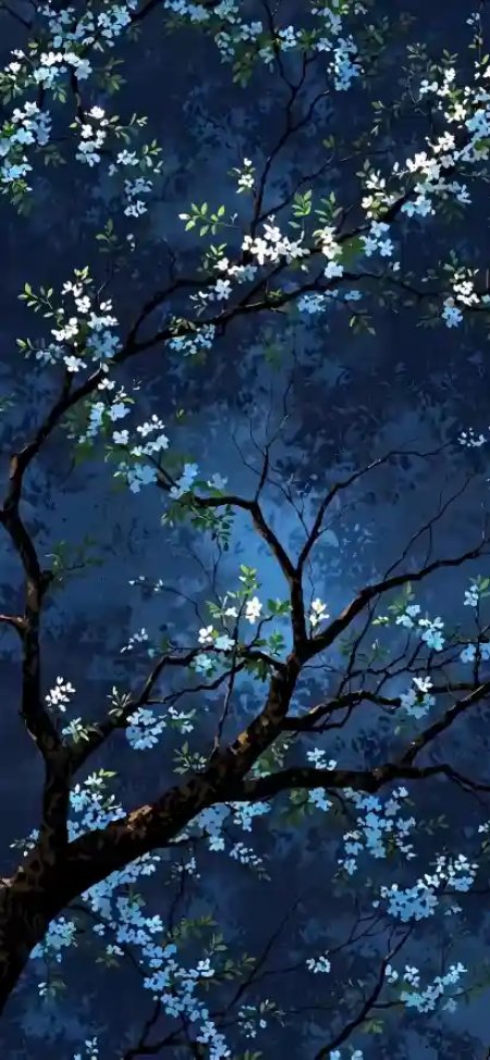 夜空蓝花树繁枝花朵深蓝背景唯美意境插画手机壁纸