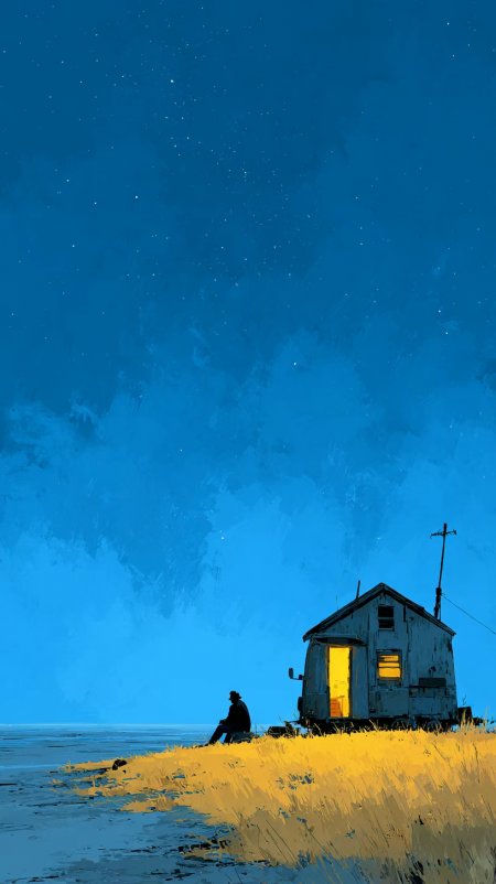 星空下小屋旁独坐男子剪影手机壁纸