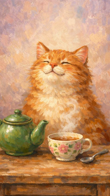 橘猫闭眼享受茶香油画风温馨场景手机壁纸