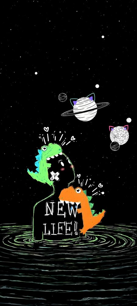 卡通恐龙太空星球NEW LIFE主题手绘风格手机壁纸