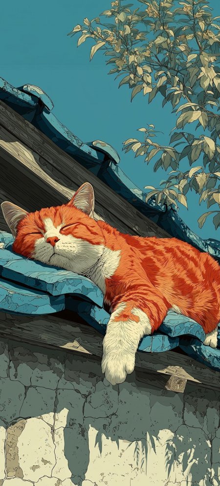 橘白相间猫咪屋顶午睡插画手机壁纸