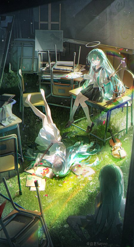 初音未来校园草地绘画场景手机壁纸