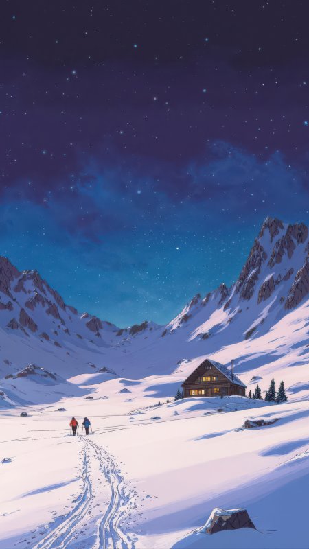 雪山星空下两人徒步小屋夜景手机壁纸