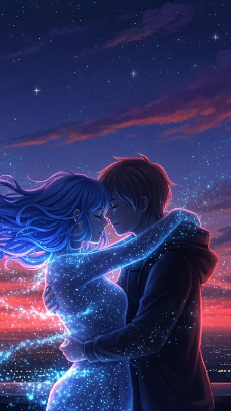 星空下蓝发少女与红发少年拥抱发光粒子特效手机壁纸