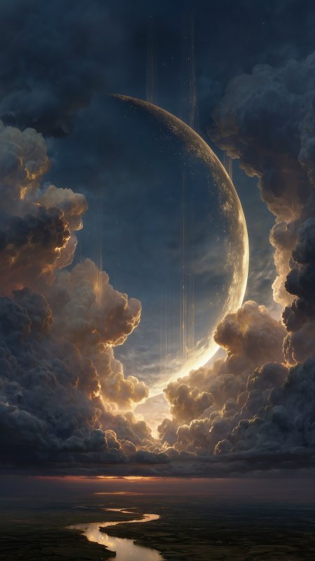 科幻巨月穿云破晓光束洒落大地手机壁纸