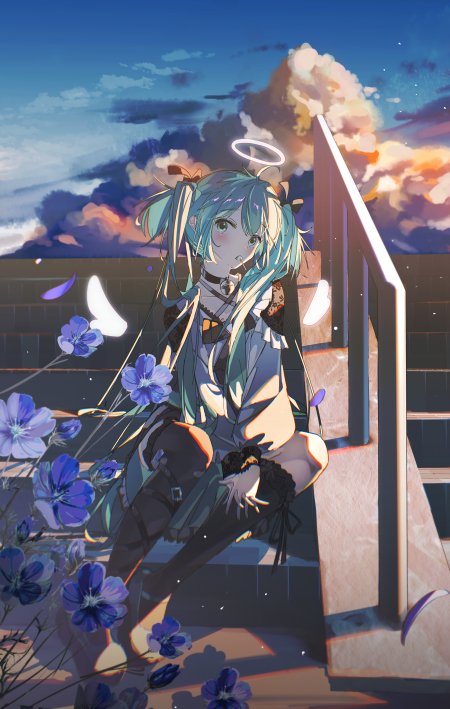 初音未来天使光环蓝发紫花楼梯坐姿二次元动漫手机壁纸