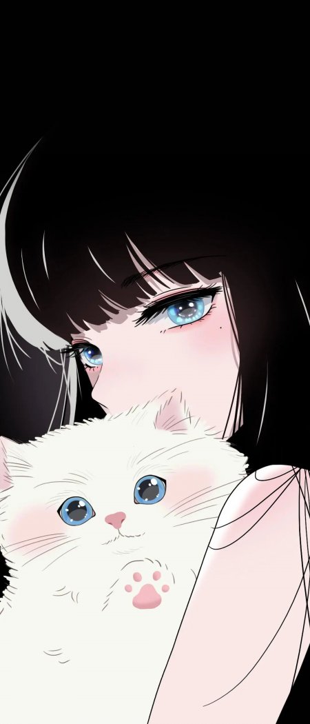 黑发蓝眼少女怀抱白猫温馨插画手机壁纸