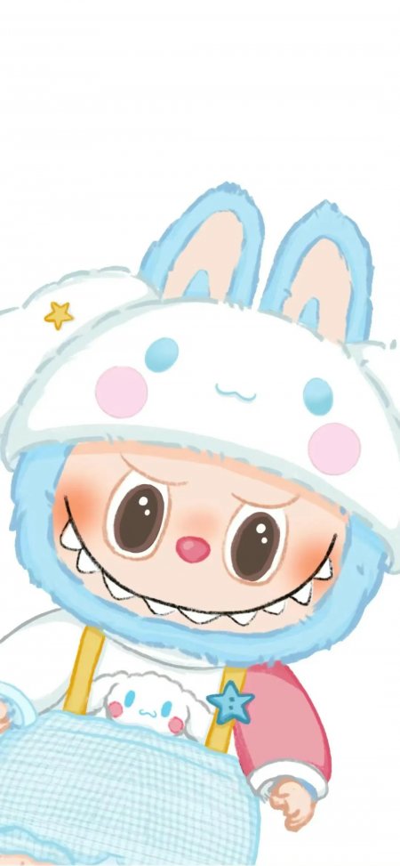 Labubu蓝白兔耳帽可爱表情手机壁纸