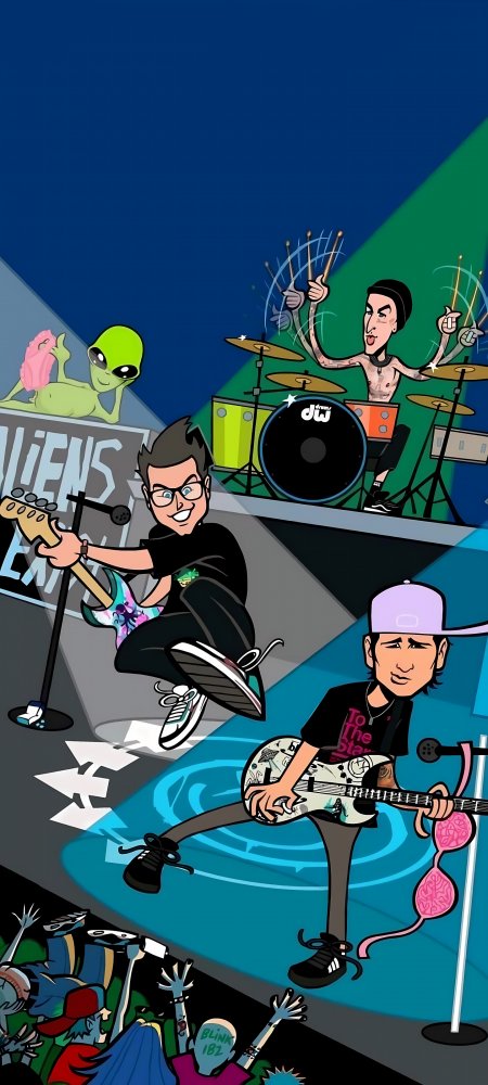 blink182乐队现场演出卡通风格手机壁纸